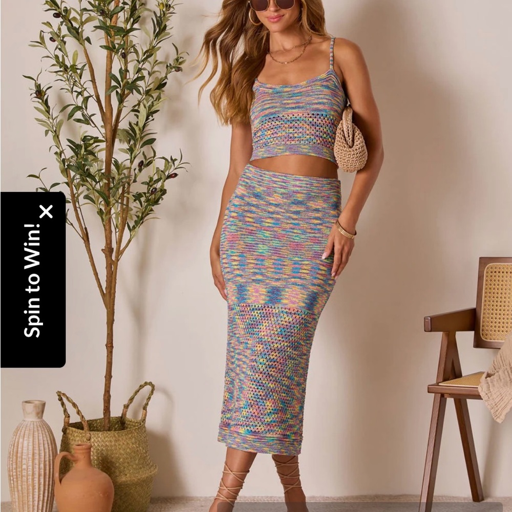 Vici Vaycay Bound Multicolor Knit Midi Skirt and Crop Top